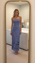 Front view of periwinkle strapless floral laser-cut maxi dress
