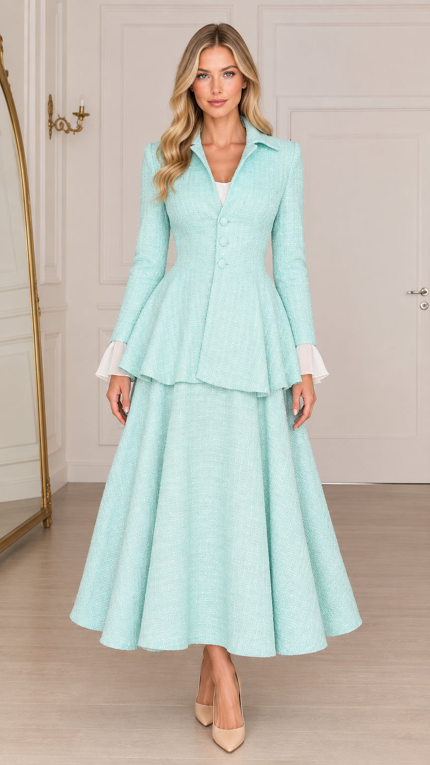 Mint green vintage tweed peplum maxi dress front full-length view