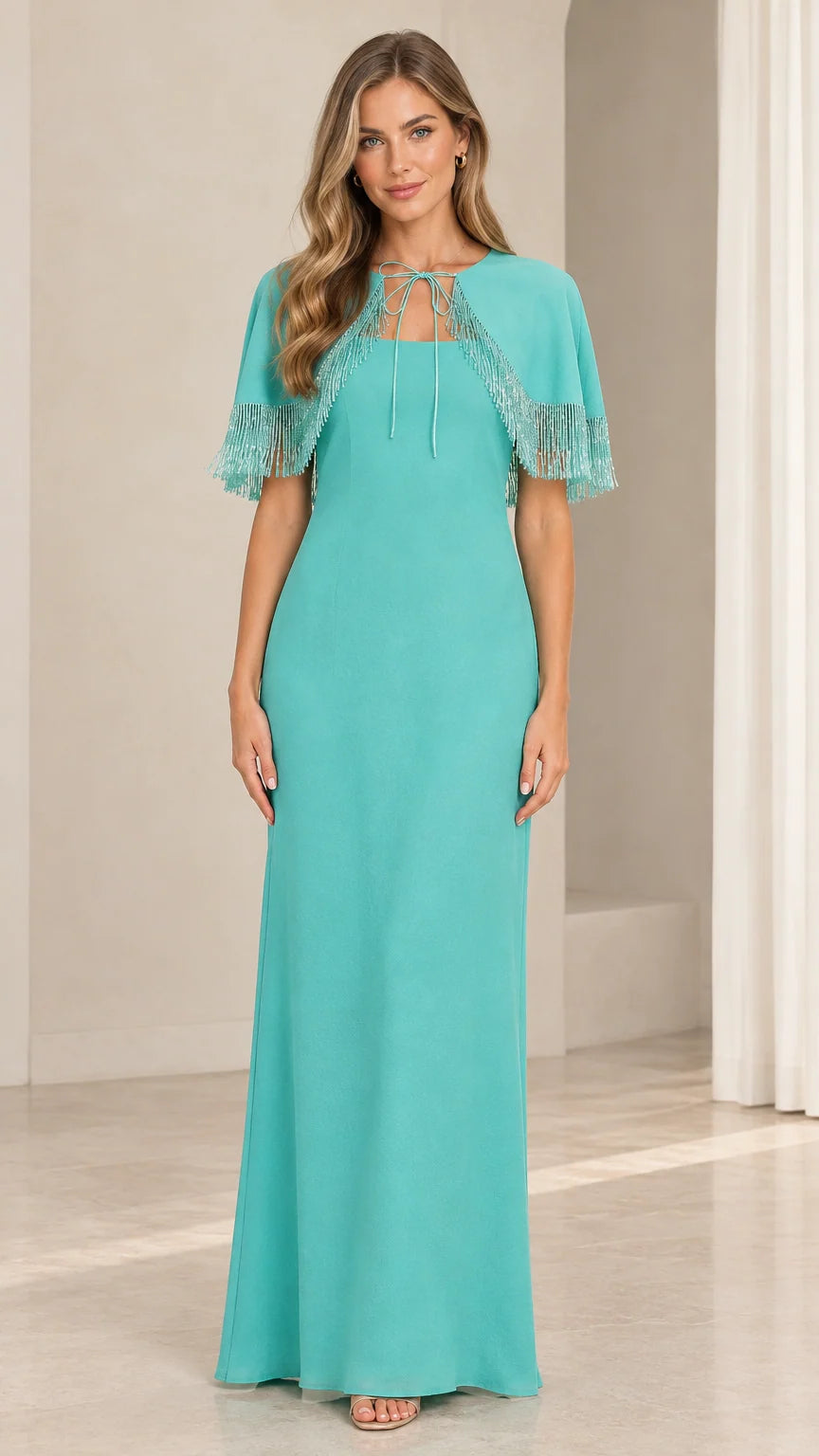 Front full-length view of turquoise capelet evening maxi dress with beaded fringe