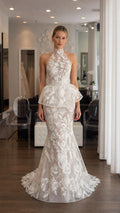 Front view of white floral lace halter peplum mermaid evening dress