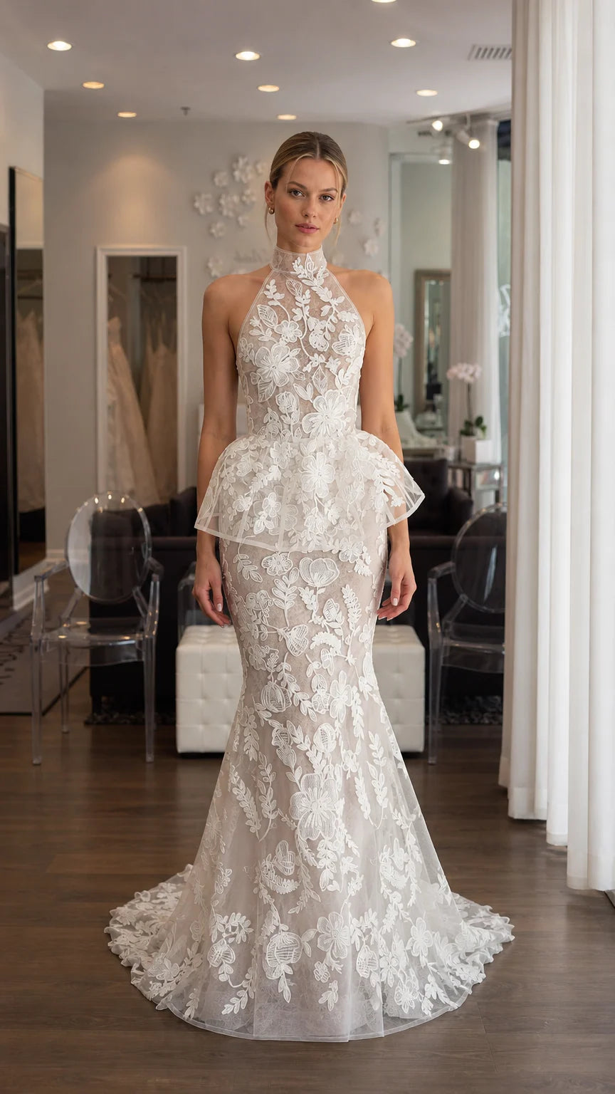 Front view of white floral lace halter peplum mermaid evening dress