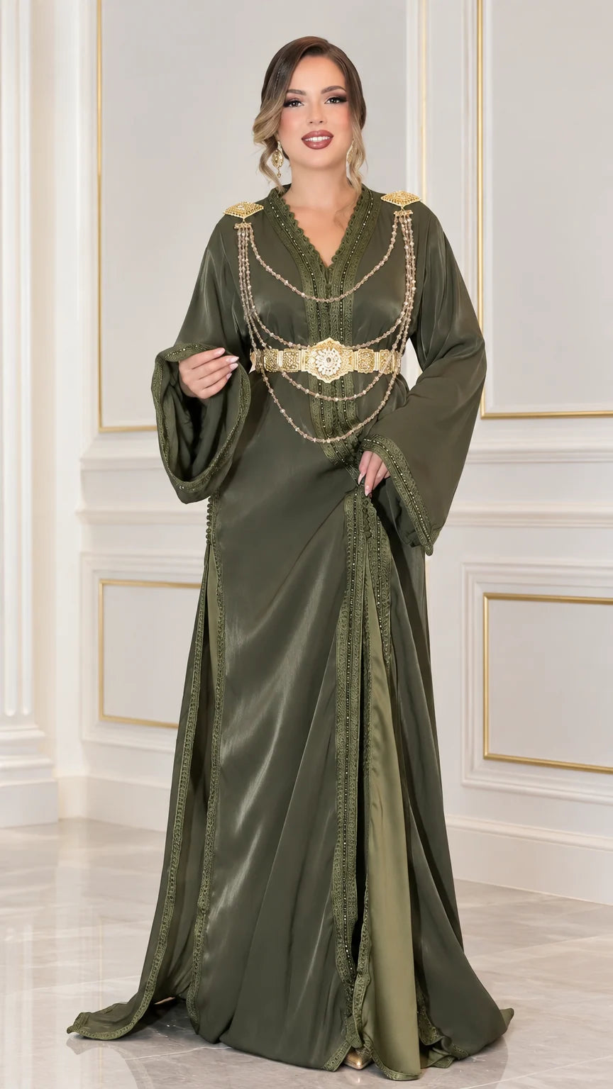 Full front view of Olive Green satin Moroccan kaftan dress with gold chain belt