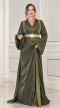 Full front view of Olive Green satin Moroccan kaftan dress with gold chain belt