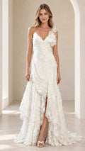Full front view of model wearing the ivory 3D floral tiered lace maxi dress with side slit