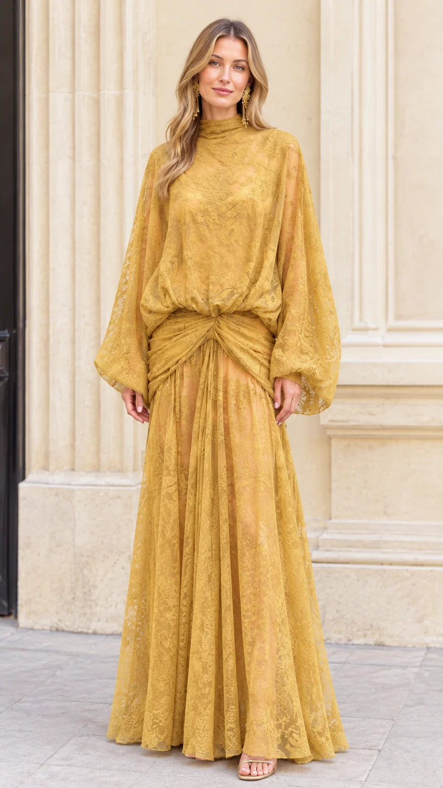 Full front view of model wearing Mustard Yellow high neck lace maxi dress with voluminous balloon sleeves