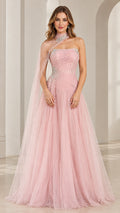 Full front view of blush pink beaded tulle evening gown with asymmetrical high-neck cape
