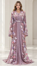 Front view of model wearing dusty mauve 3D floral embroidered caftan evening dress with matching belt