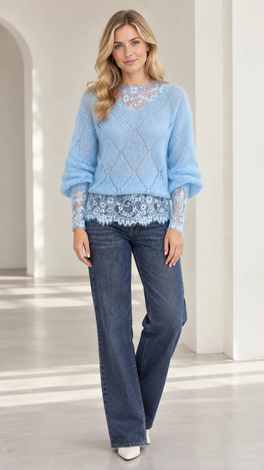 Light blue women's diamond knit sweater with floral lace trim paired with wide-leg jeans