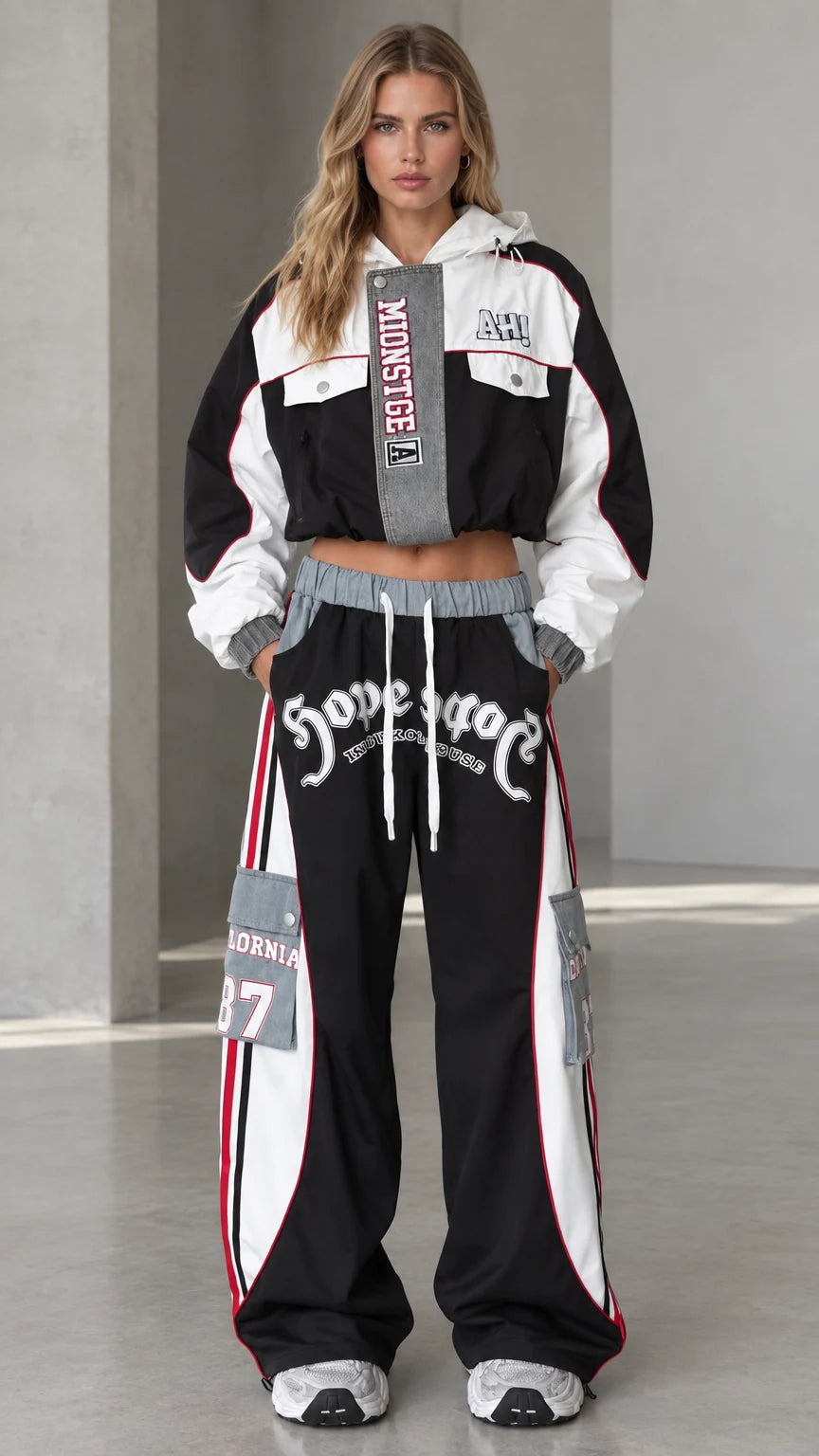 Front view of model wearing black cropped hooded jacket and wide-leg cargo track pants set