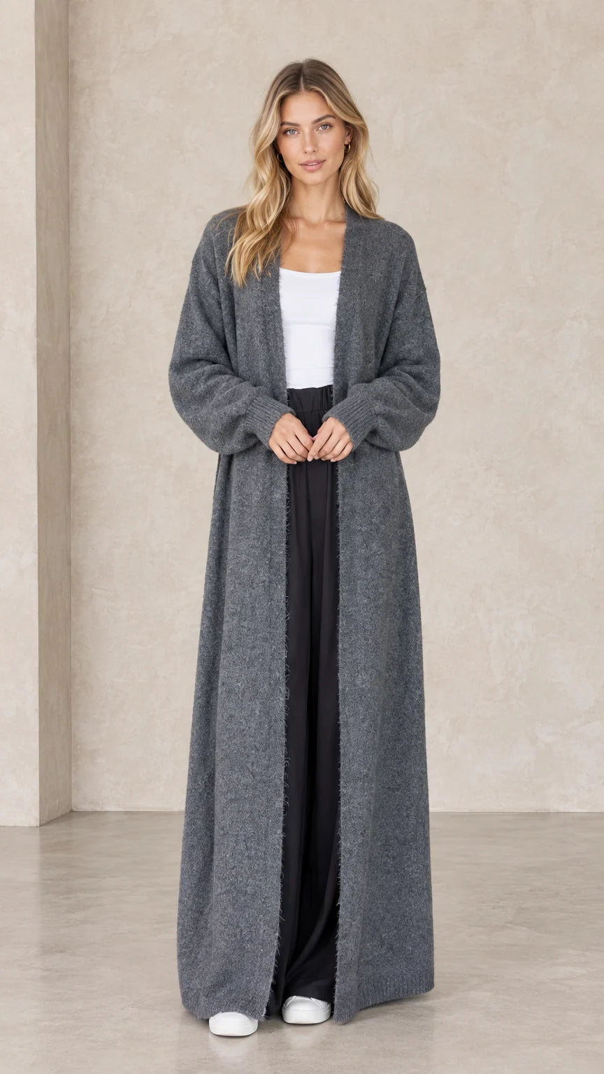 Front full-length view of model wearing charcoal grey maxi duster cardigan