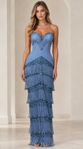 Front view of model wearing dusty blue strapless sweetheart tiered beaded fringe maxi gown