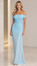 Front view of model wearing a light blue off-the-shoulder sequin maxi evening gown