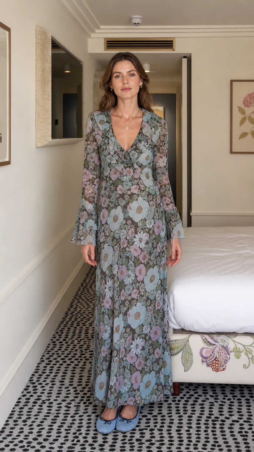 Front view of model wearing blue floral maxi dress