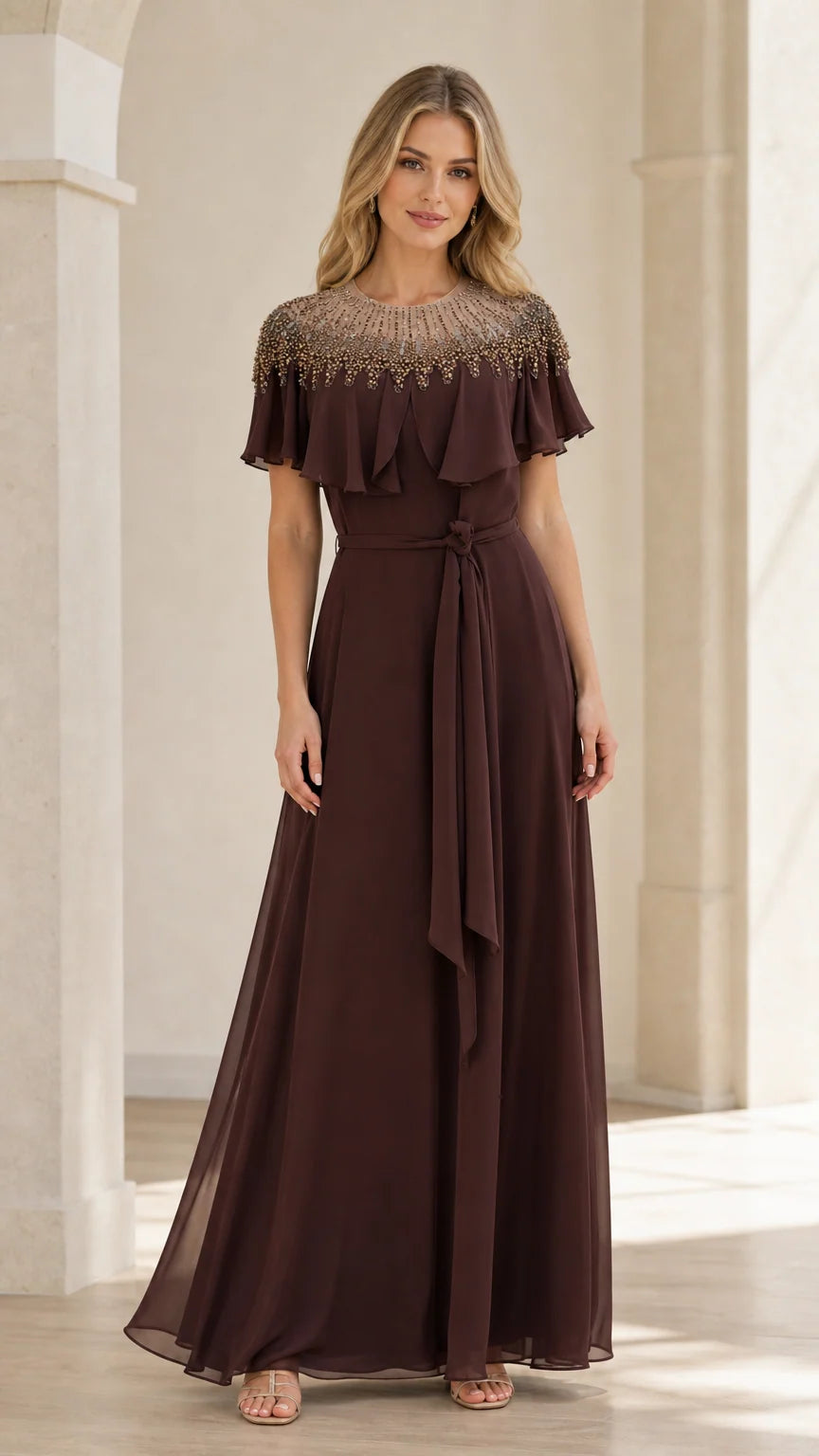 Front view of brown beaded capelet maxi dress