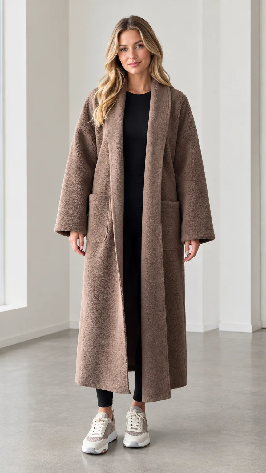Front view of model wearing mocha textured longline open front duster coat
