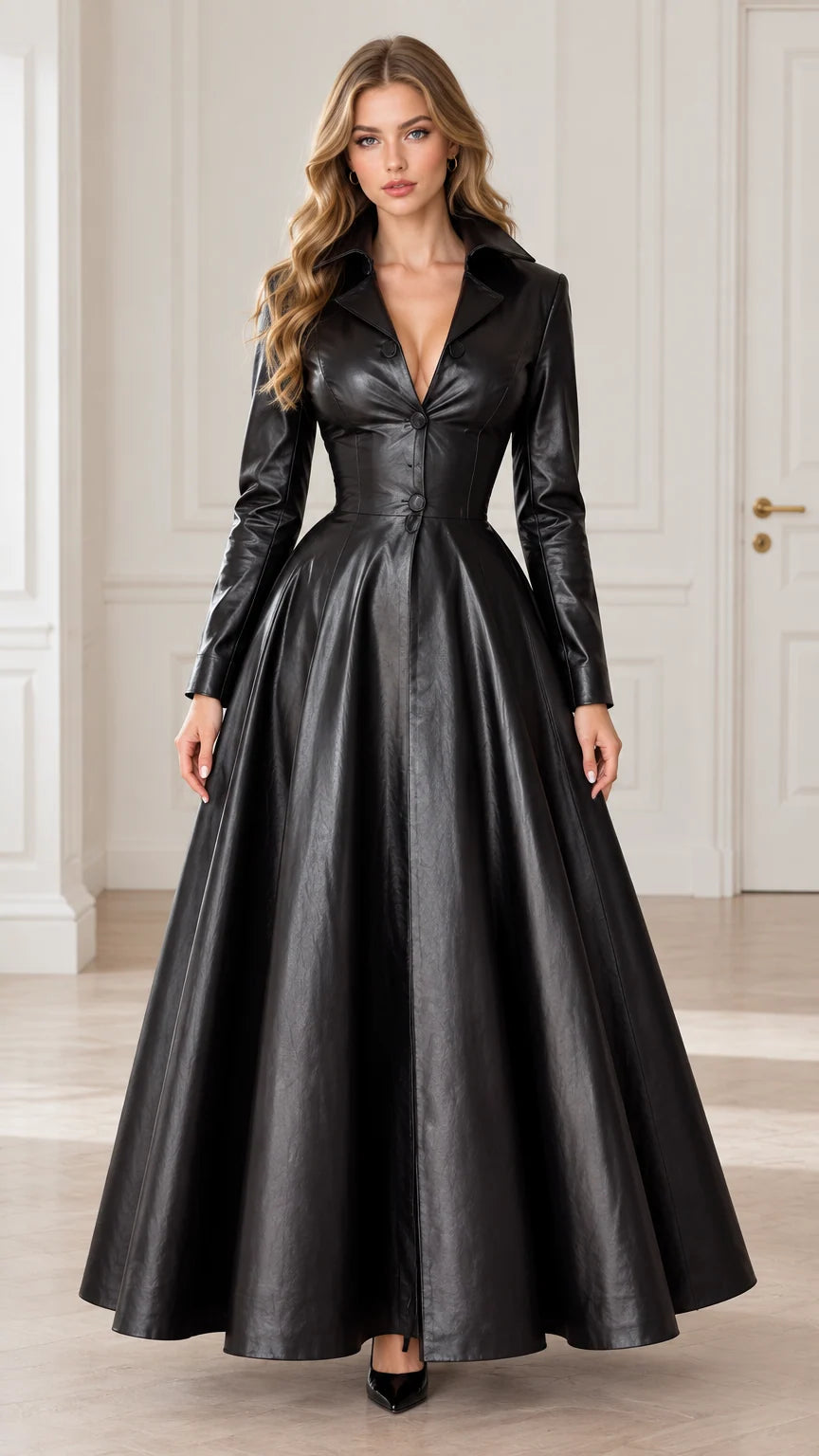 Front full-length view of woman wearing black faux leather maxi dress with lapel collar