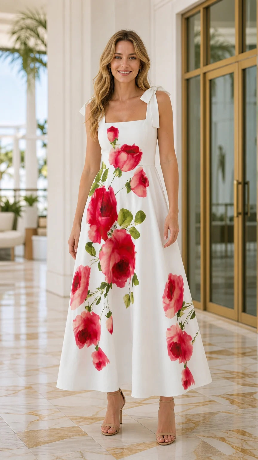 Front view of woman wearing white floral maxi dress with tie straps