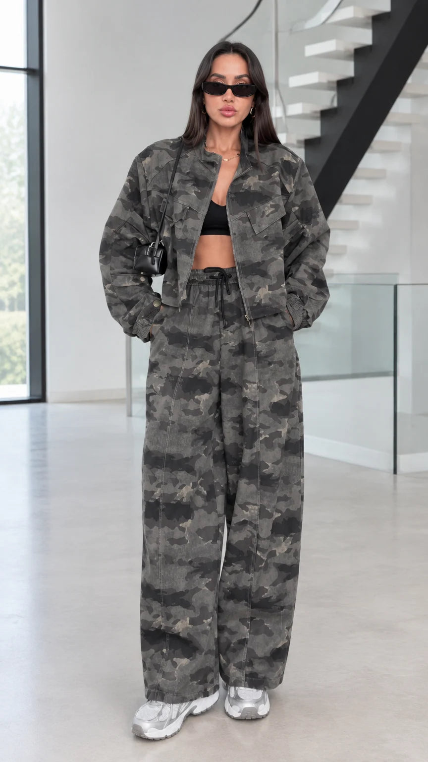 Front view of model wearing Green Camo cropped jacket and wide-leg pants two-piece set