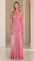 Front view of model wearing Dusty Rose one-shoulder ruched cutout maxi dress