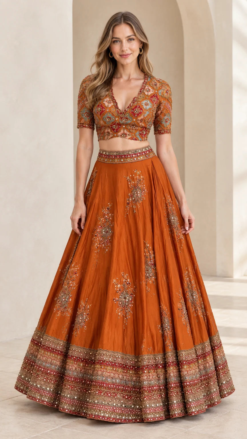Front view of woman wearing Rust Orange embroidered V-neck crop top and flared maxi skirt set