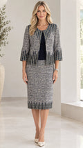 Full front view of women wearing slate grey tweed two-piece skirt suit with beaded trim