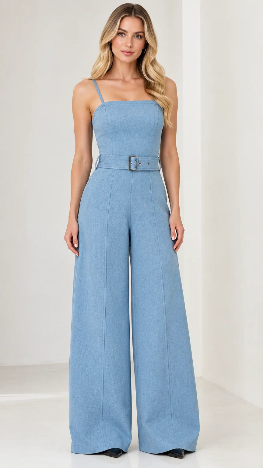Front view of model wearing a light blue square neck sleeveless belted wide-leg jumpsuit