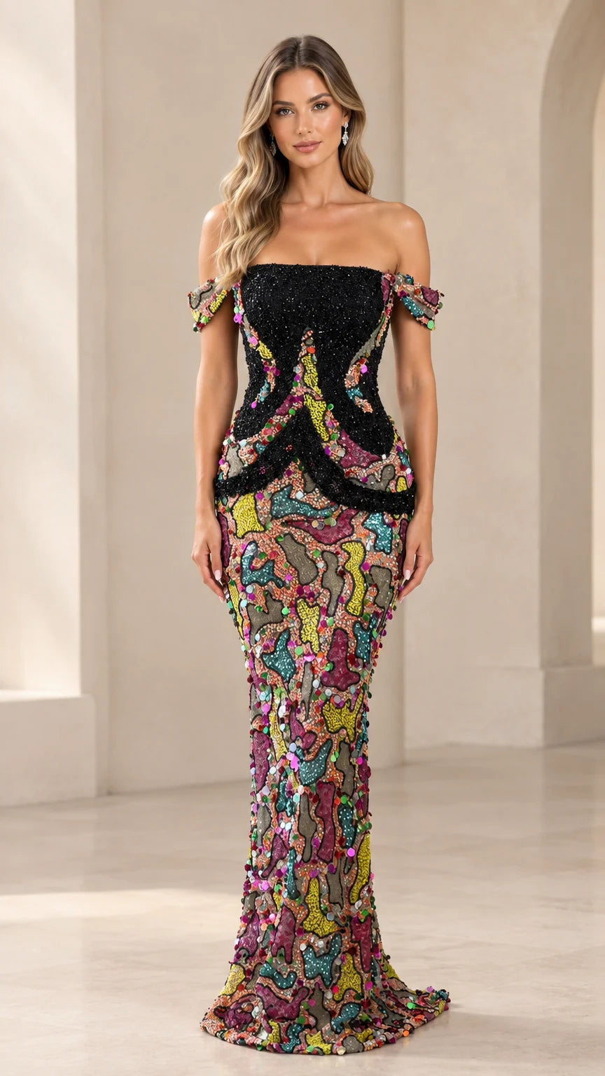 Front view of black beaded off-the-shoulder mermaid gown with colorful sequin mosaic skirt