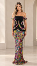 Front view of black beaded off-the-shoulder mermaid gown with colorful sequin mosaic skirt