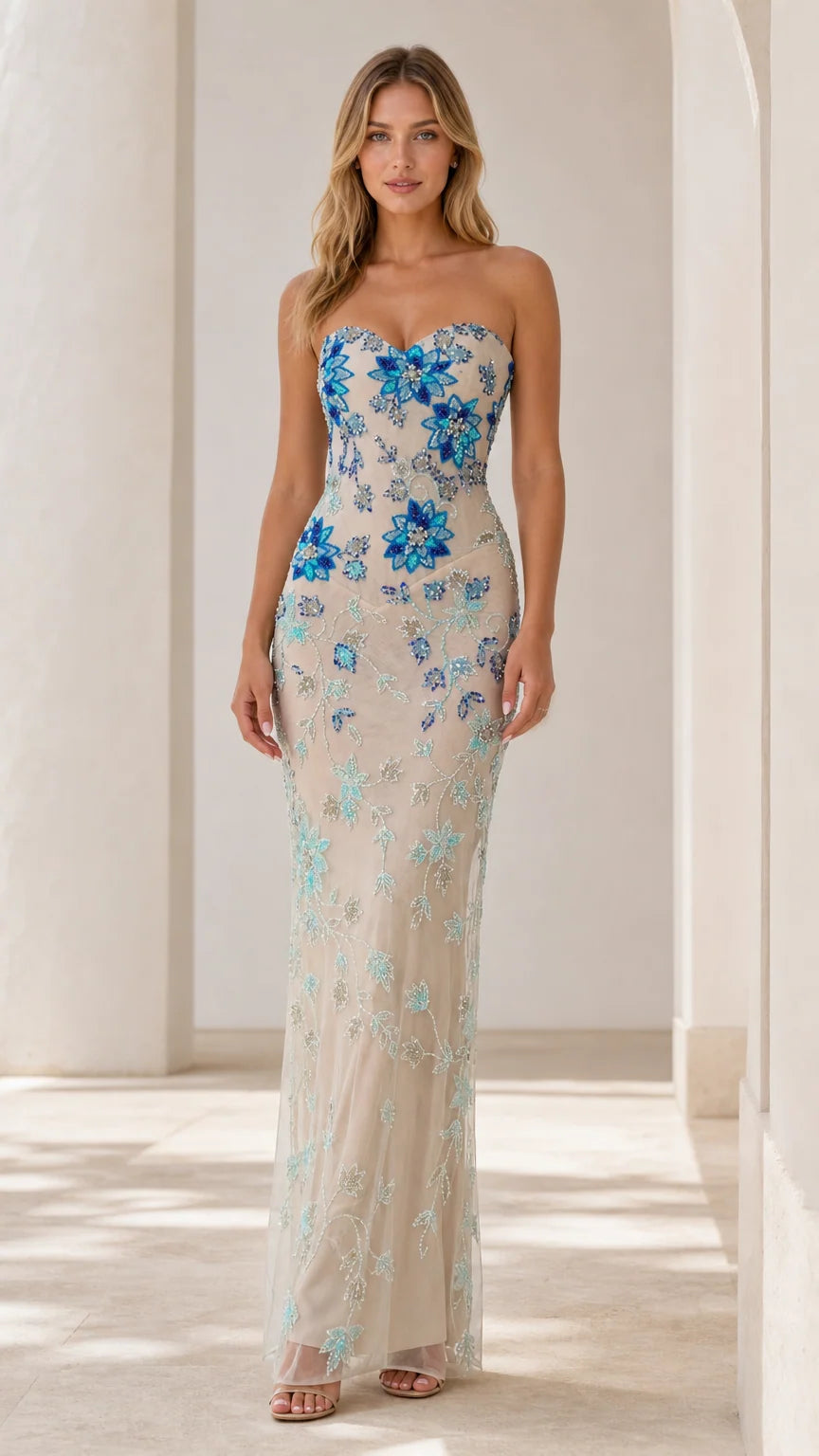Front view of champagne strapless floral beaded evening gown