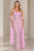 Pink rhinestone embellished mermaid evening gown with matching shawl front view