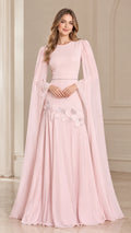Front view of model wearing Blush Pink floor-length evening gown with long cape sleeves