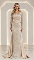 Champagne beaded evening gown with draped satin bodice and flowing overskirt front view