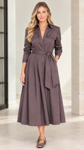 Front view of model wearing mocha brown long sleeve belted midi shirt dress