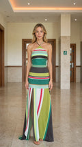 Front view of green striped halter maxi dress
