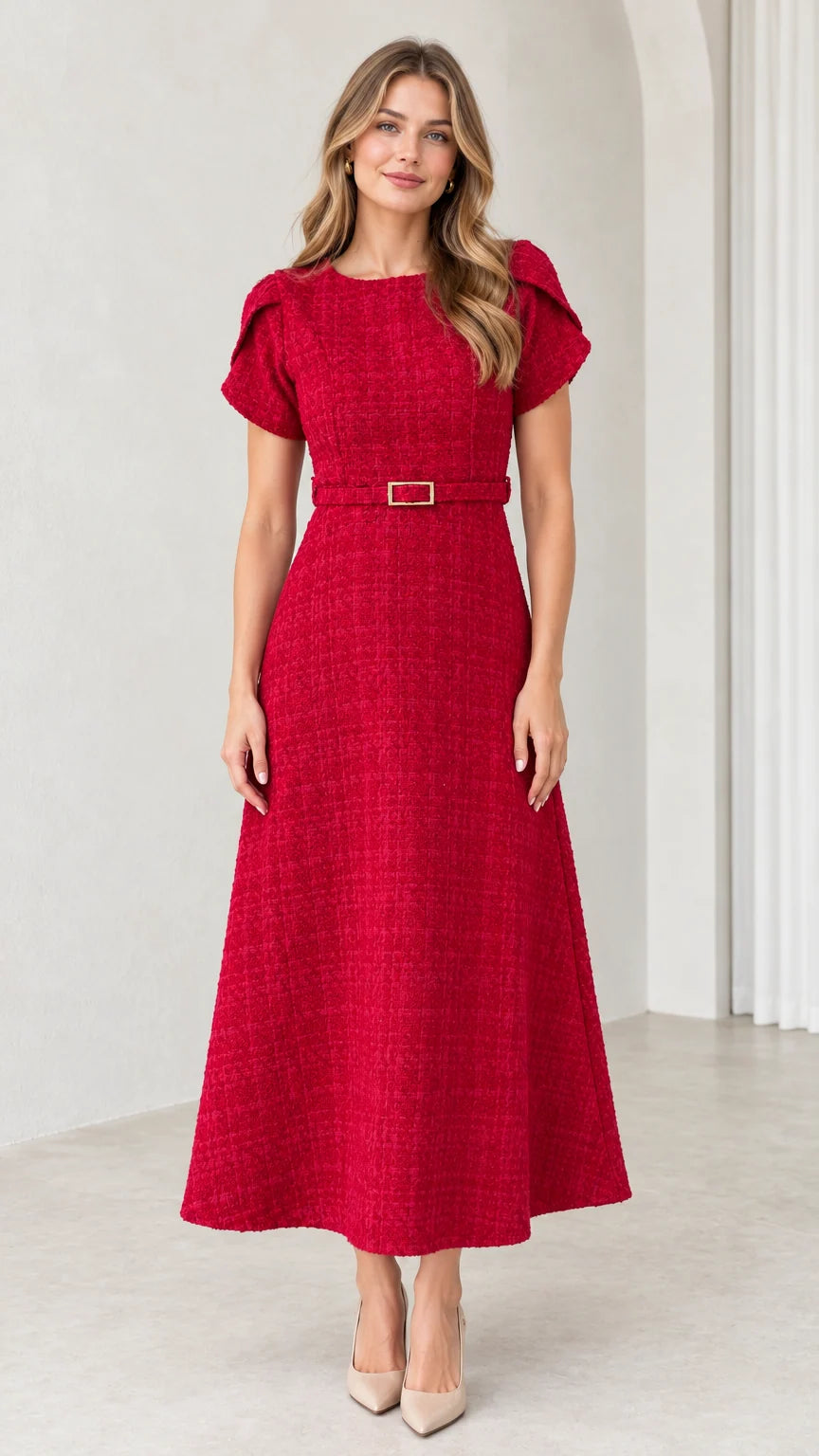 Front full-length view of woman wearing elegant red textured tweed A-line midi dress with belt