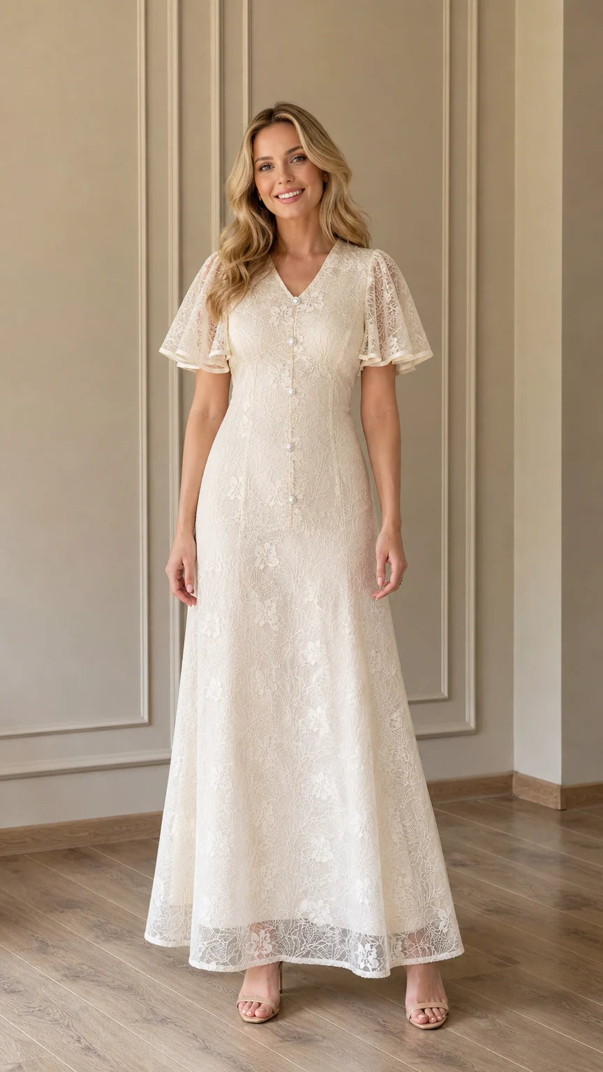 Front view of Ivory lace maxi dress on model