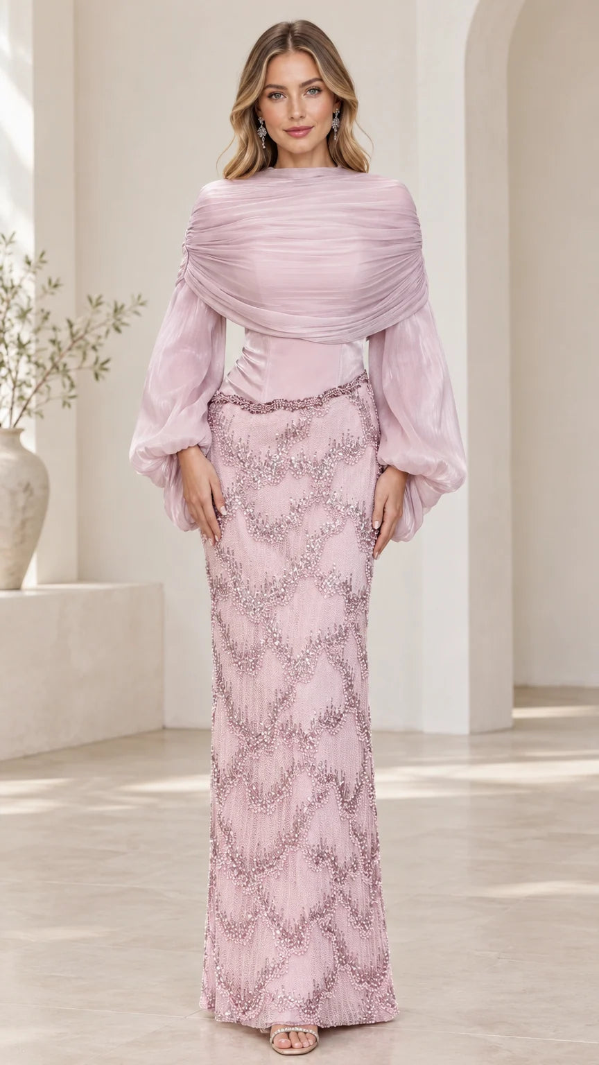 Front view of model wearing dusty pink draped bishop sleeve beaded column evening gown
