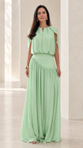 Front view of model wearing Mint Green cape sleeve asymmetrical gathered maxi dress