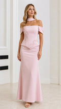 Front view of Blush Pink off-the-shoulder beaded peplum formal gown