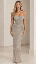 Front view of champagne off-the-shoulder beaded evening gown on model