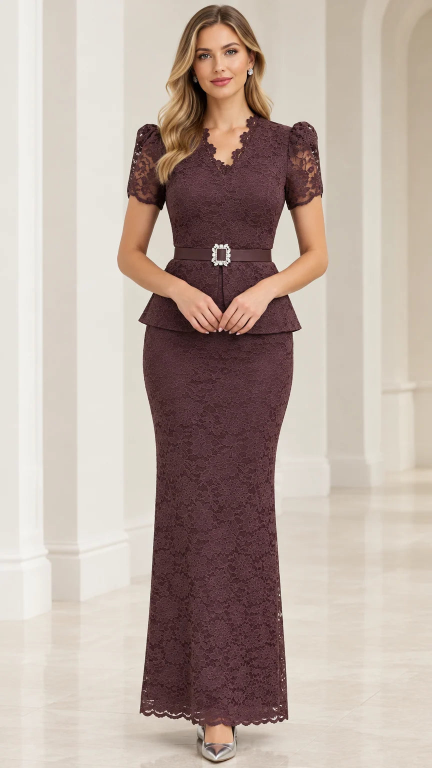 Front view of model wearing plum lace peplum maxi evening dress with crystal buckle belt