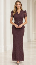 Front view of model wearing plum lace peplum maxi evening dress with crystal buckle belt