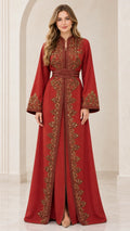 Model wearing Rust Red embroidered Moroccan kaftan maxi dress with belt, front view