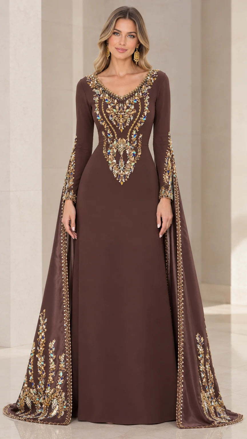 Front view of chocolate brown cape sleeve evening gown with gold crystal beadwork