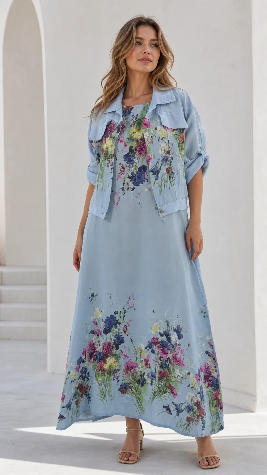 Full front view of women's sky blue floral maxi dress with matching cropped jacket