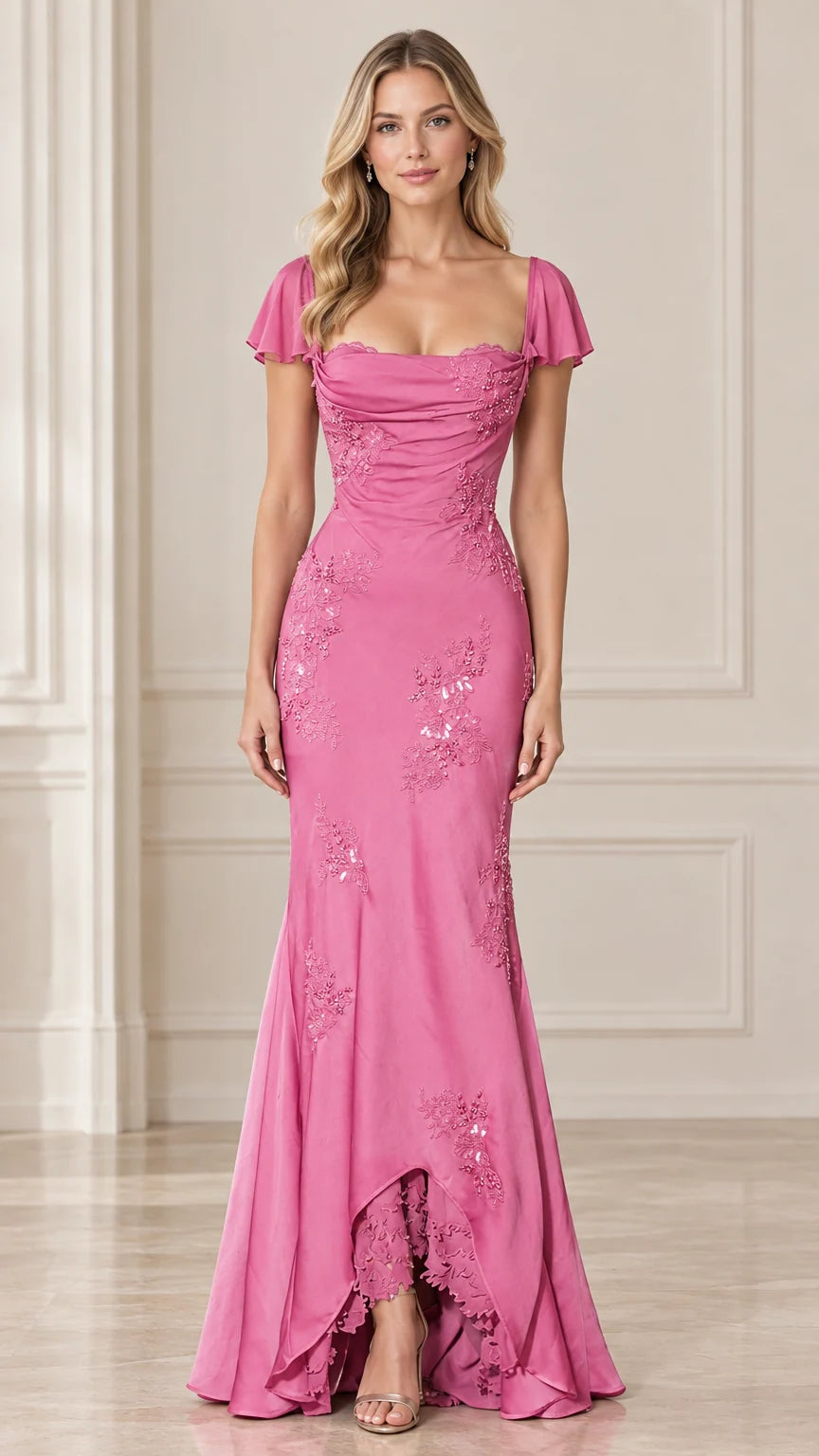 Front view of woman wearing Rose Pink flutter sleeve mermaid evening gown with floral embroidery