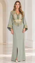Sage Green embroidered kaftan maxi dress with pearl drape accents front view
