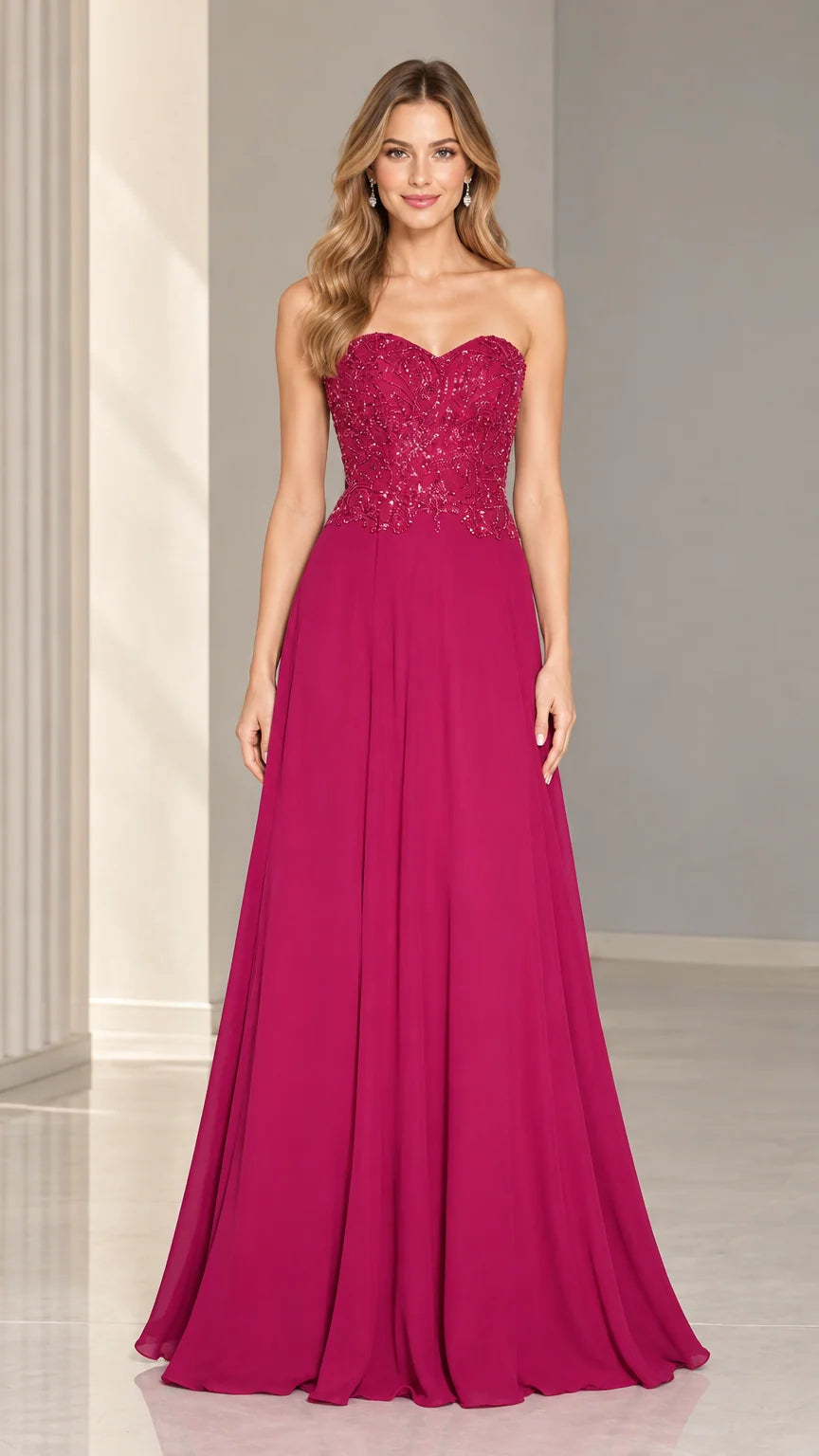 Front full-length view of woman wearing strapless beaded magenta evening gown
