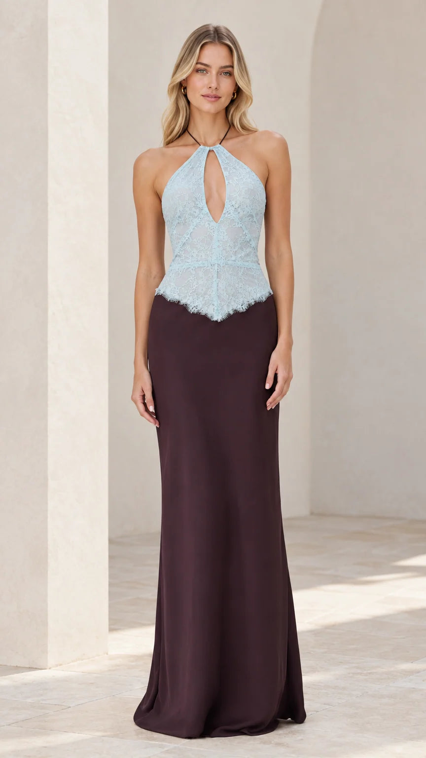 Front view of model wearing Sky Blue and Plum halter keyhole lace bodice maxi dress