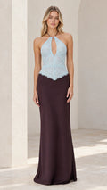 Front view of model wearing Sky Blue and Plum halter keyhole lace bodice maxi dress